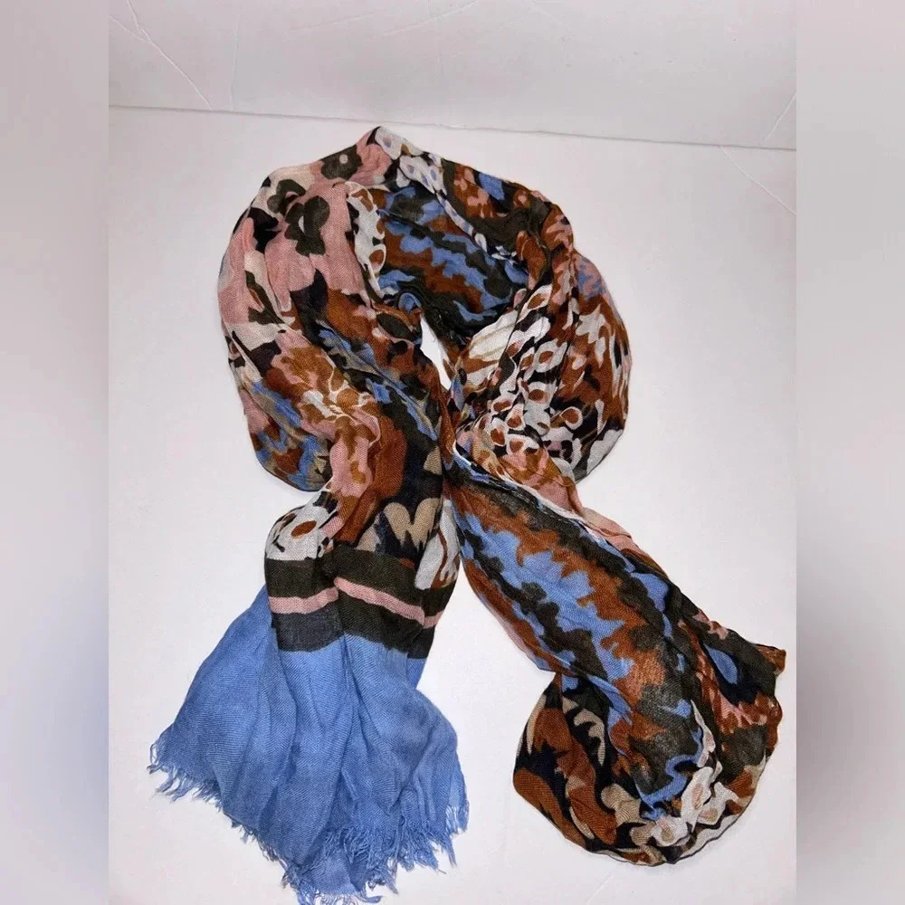 Vera Bradley Scarf Floral Brown Pink White Gray Soft Fringe Rayon 71 x 33 in